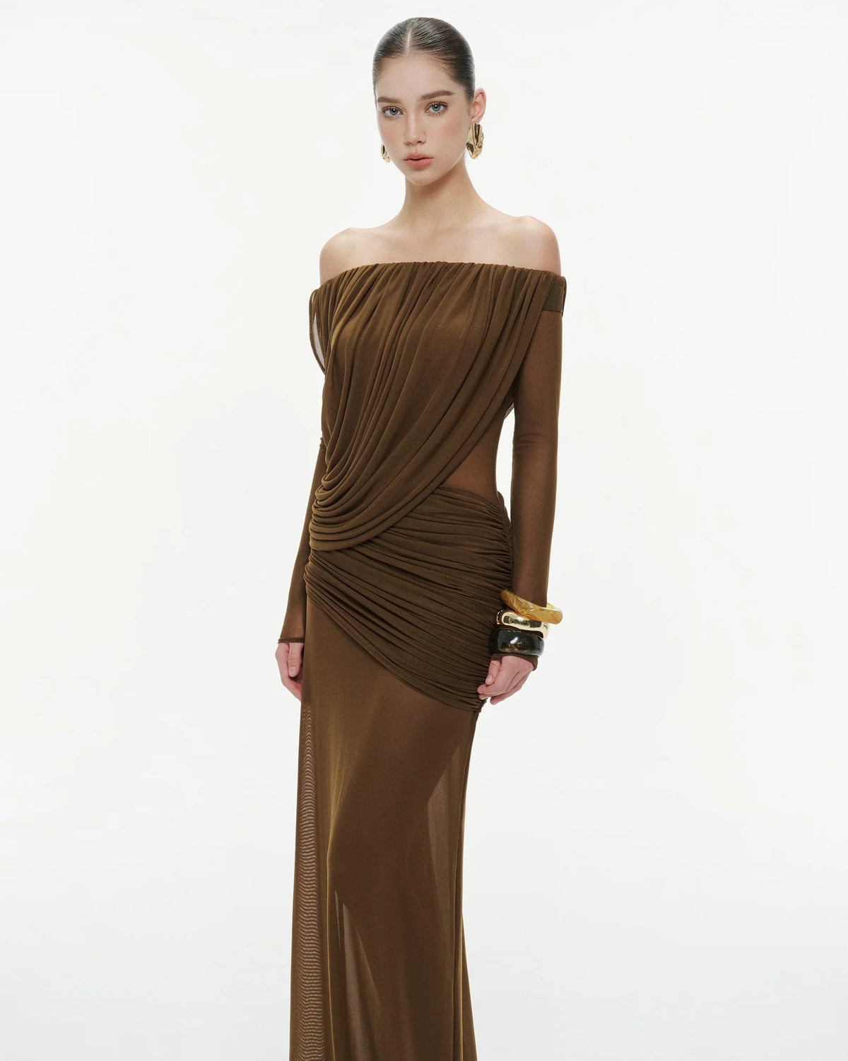 MOLLYNISTA Off-Shoulder Draped Mesh Dress (brown)