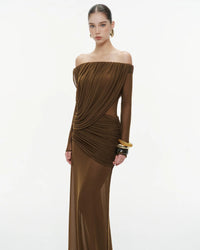 MOLLYNISTA Off-Shoulder Draped Mesh Dress (brown)