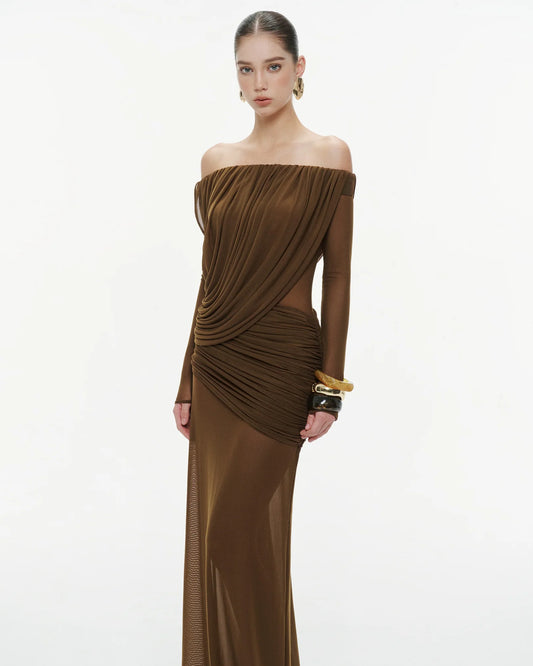 MOLLYNISTA Off-Shoulder Draped Mesh Dress (brown)