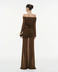MOLLYNISTA Off-Shoulder Draped Mesh Dress (brown)