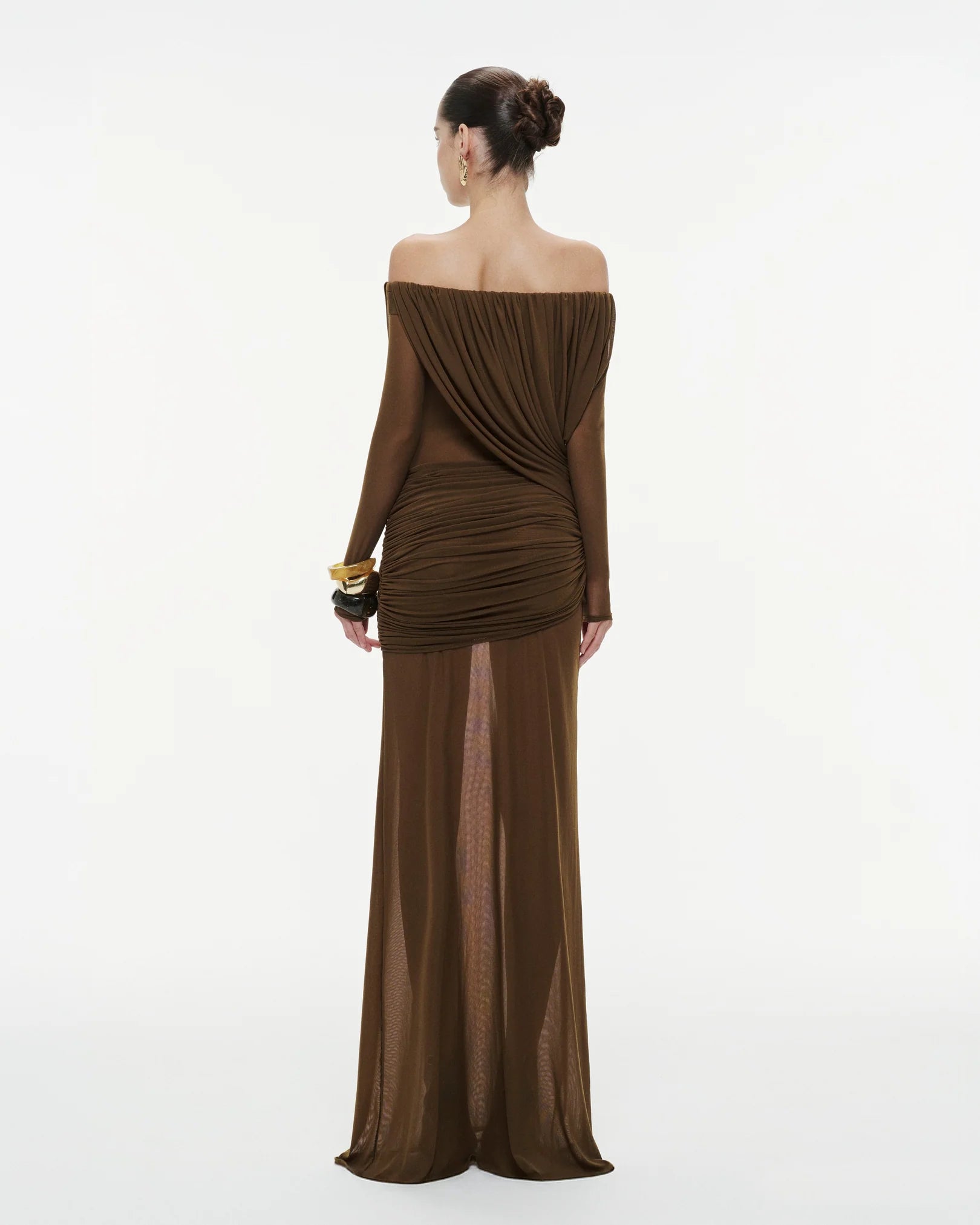 MOLLYNISTA Off-Shoulder Draped Mesh Dress (brown)