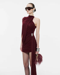 MOLLYNISTA One-Shoulder Cape Ruched Asymmetric Dress ( Burgundy Red)