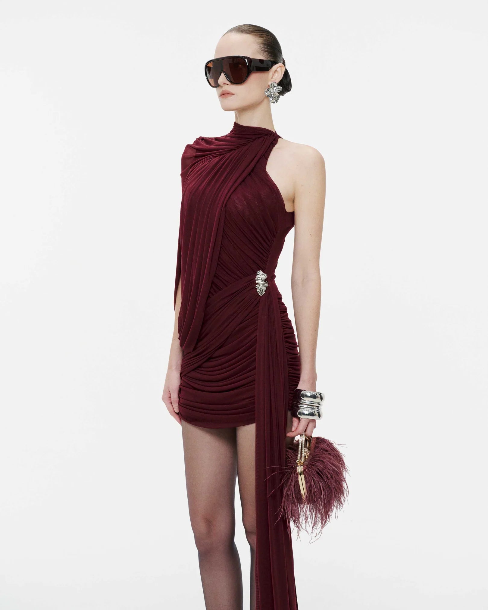 MOLLYNISTA One-Shoulder Cape Ruched Asymmetric Dress ( Burgundy Red)