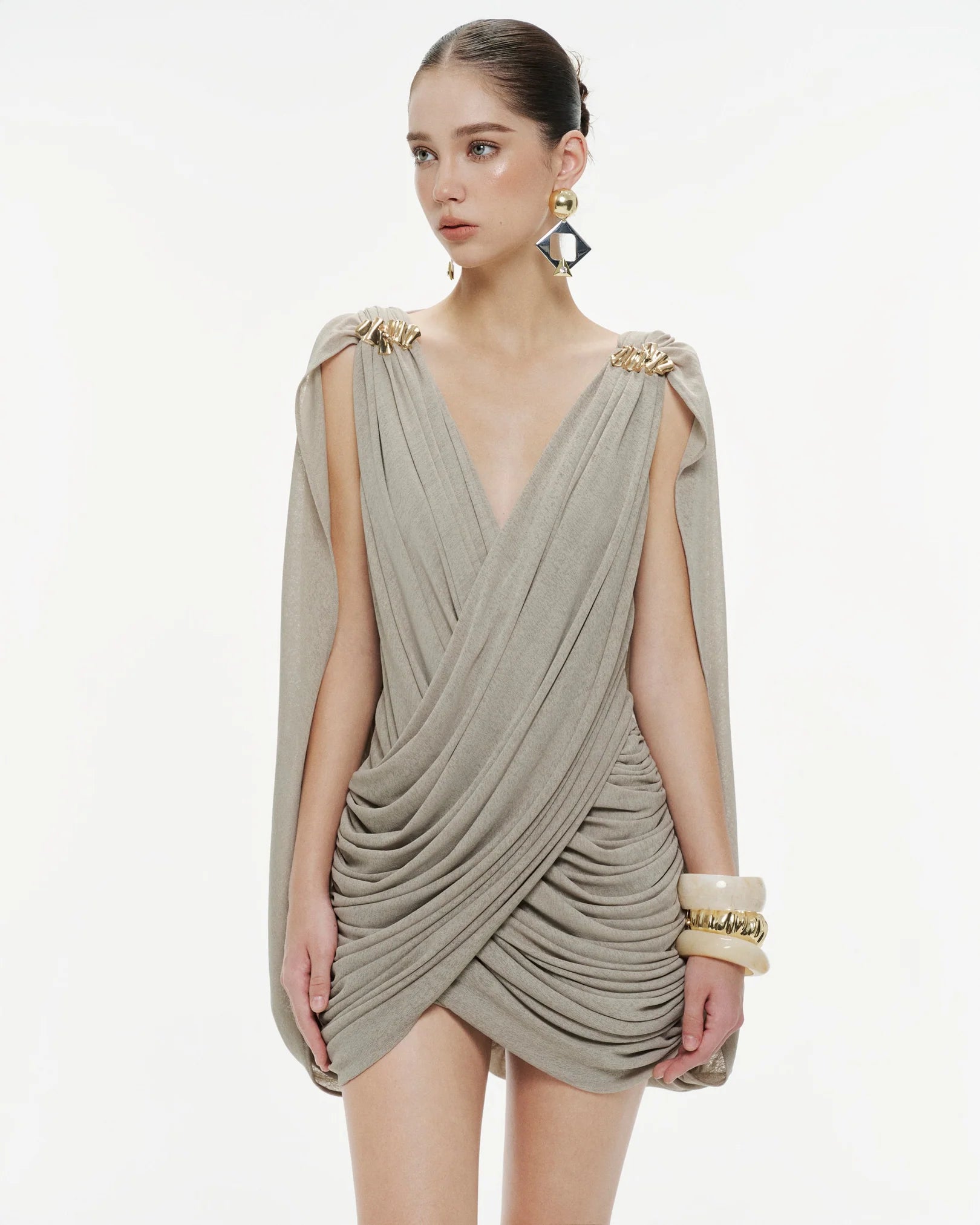 MOLLYNISTA Draped Cape Dress (grey)