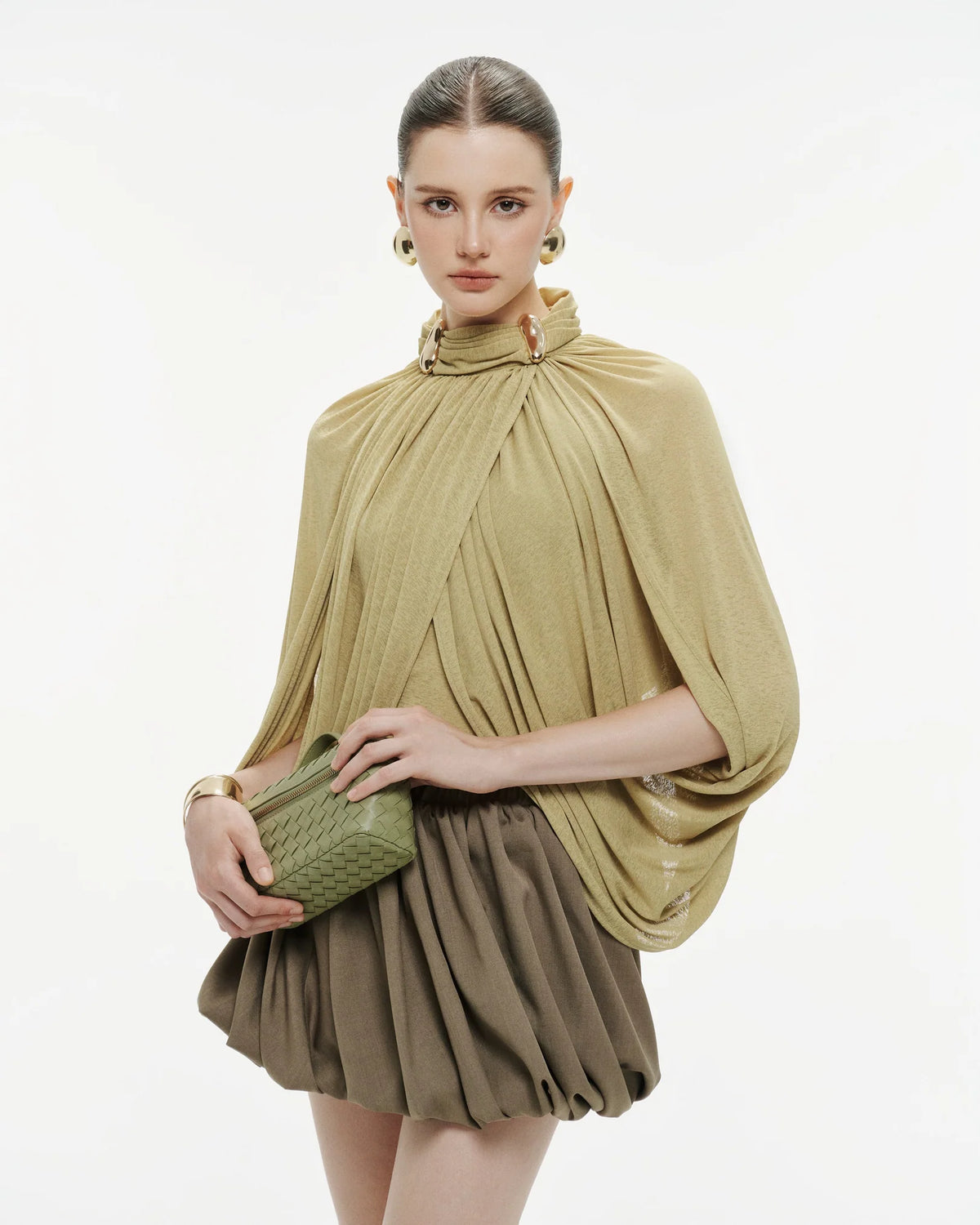 MOLLYNISTA Ruched Cape Knit Top (Pomelo Olive)