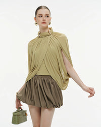 MOLLYNISTA Ruched Cape Knit Top (Pomelo Olive)