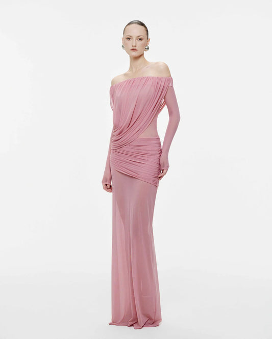 MOLLYNISTA Off-Shoulder Draped Mesh Dress (pink)