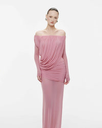 MOLLYNISTA Off-Shoulder Draped Mesh Dress (pink)