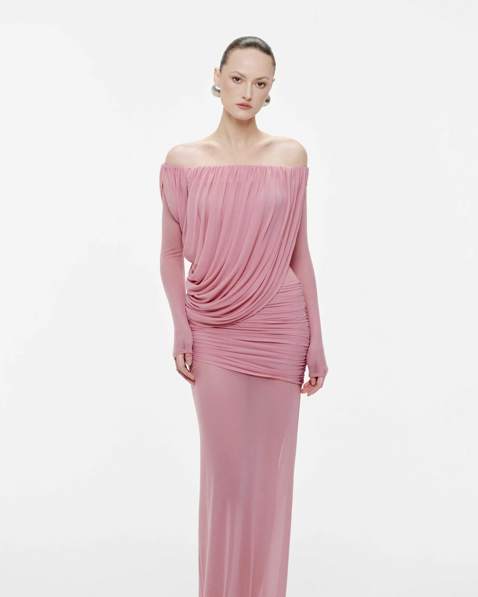 MOLLYNISTA Off-Shoulder Draped Mesh Dress (pink)