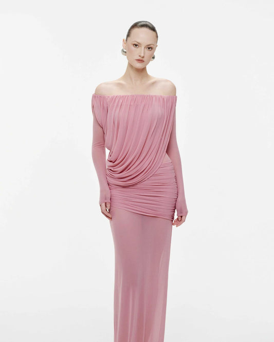 MOLLYNISTA Off-Shoulder Draped Mesh Dress (pink)