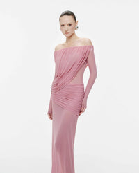 MOLLYNISTA Off-Shoulder Draped Mesh Dress (pink)
