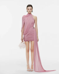 MOLLYNISTA One-Shoulder Cape Ruched Asymmetric Dress (pink)
