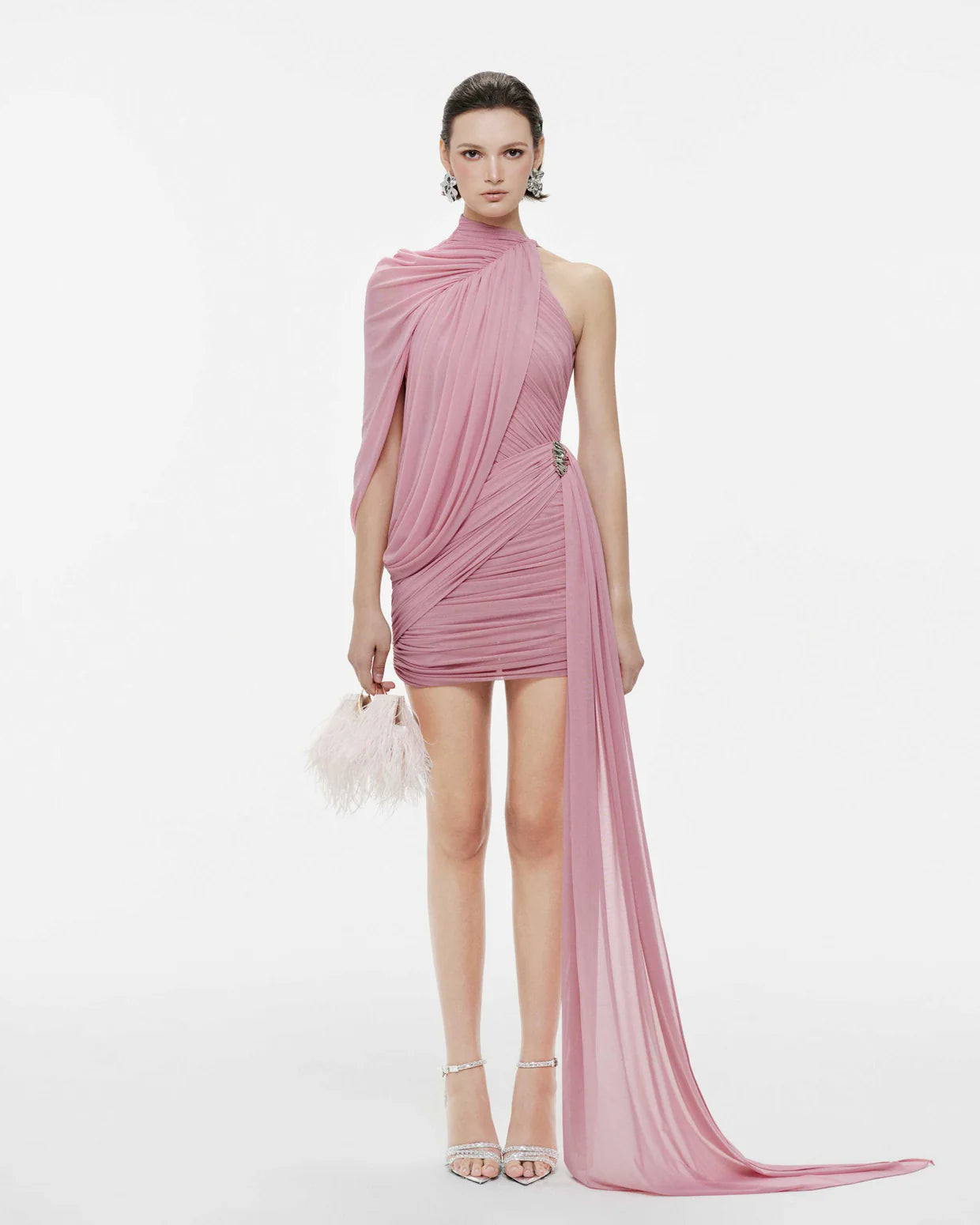 MOLLYNISTA One-Shoulder Cape Ruched Asymmetric Dress (pink)