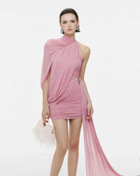 MOLLYNISTA One-Shoulder Cape Ruched Asymmetric Dress (pink)