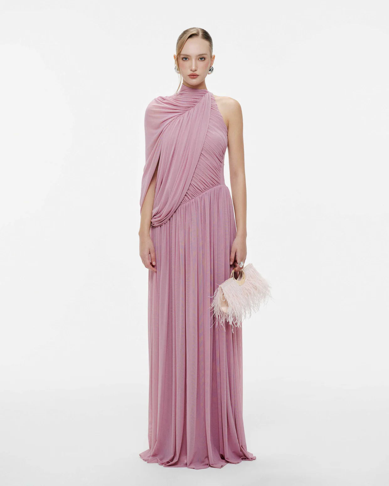 MOLLYNISTA One-Shoulder Cape Ruched Flared Dress (purple)