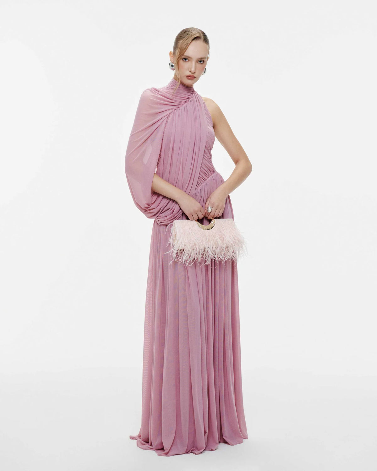 MOLLYNISTA One-Shoulder Cape Ruched Flared Dress (purple)