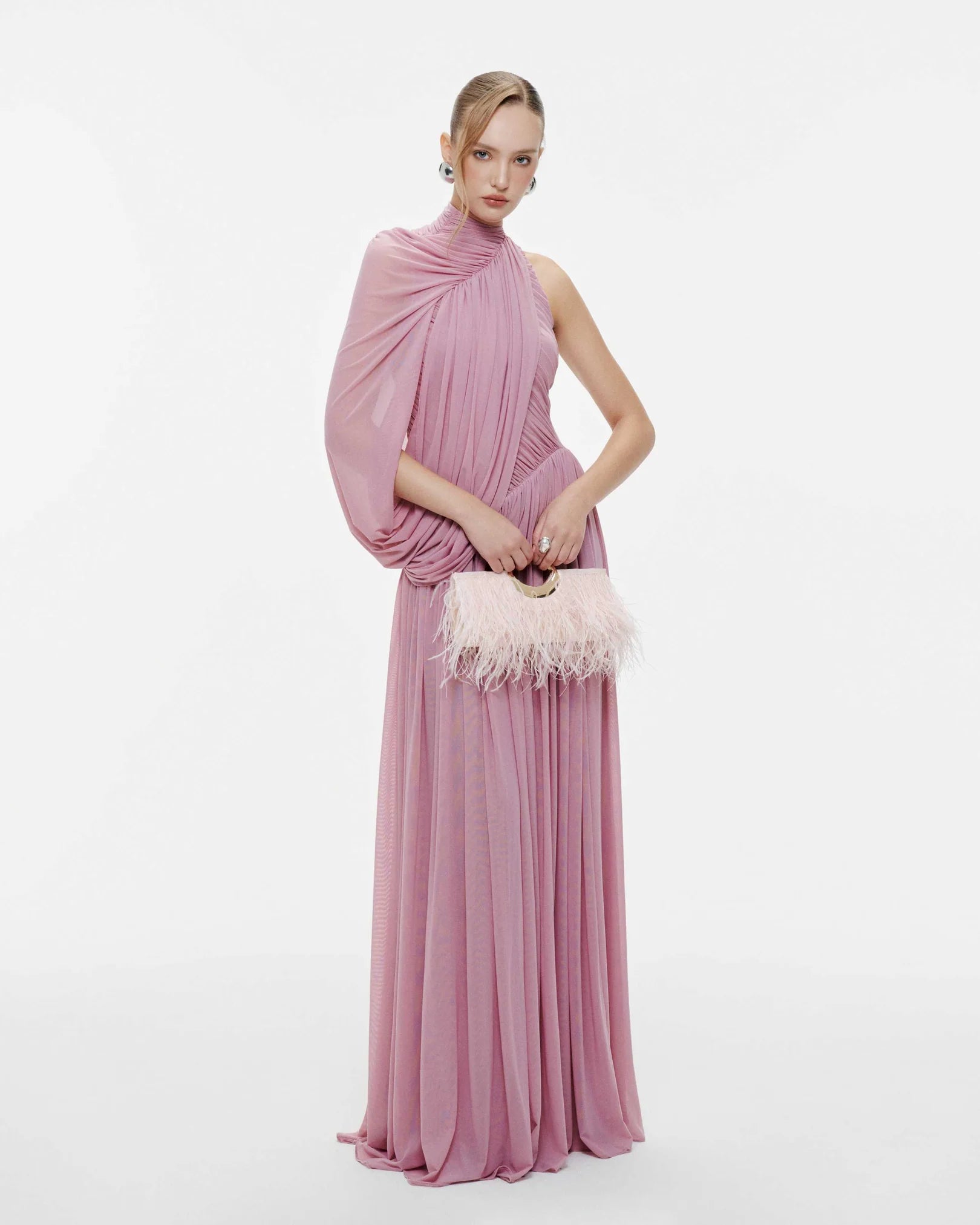 MOLLYNISTA One-Shoulder Cape Ruched Flared Dress (purple)
