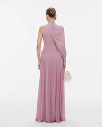 MOLLYNISTA One-Shoulder Cape Ruched Flared Dress (purple)