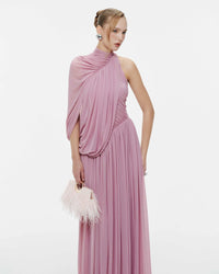 MOLLYNISTA One-Shoulder Cape Ruched Flared Dress (purple)