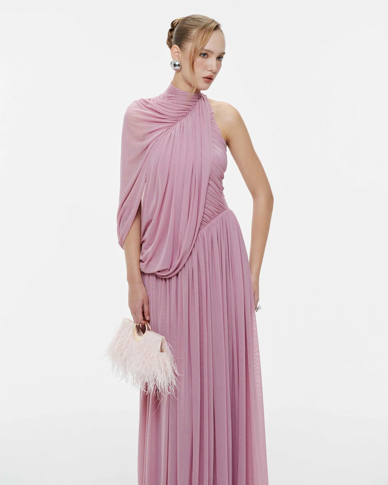 MOLLYNISTA One-Shoulder Cape Ruched Flared Dress (purple)