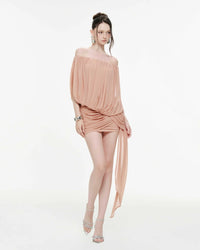 MOLLYNISTA Off-Shoulder Draped Ruched Mesh Mini Dress  With Long Train (peach pink)