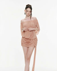 MOLLYNISTA Off-Shoulder Draped Ruched Mesh Mini Dress  With Long Train (peach pink)
