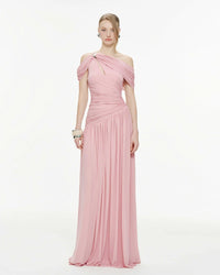 MOLLYNISTA Draped Off-Shoulder Stretch Mesh Dress (pink)