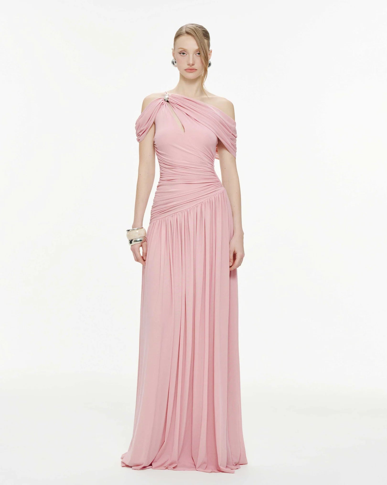 MOLLYNISTA Draped Off-Shoulder Stretch Mesh Dress (pink)