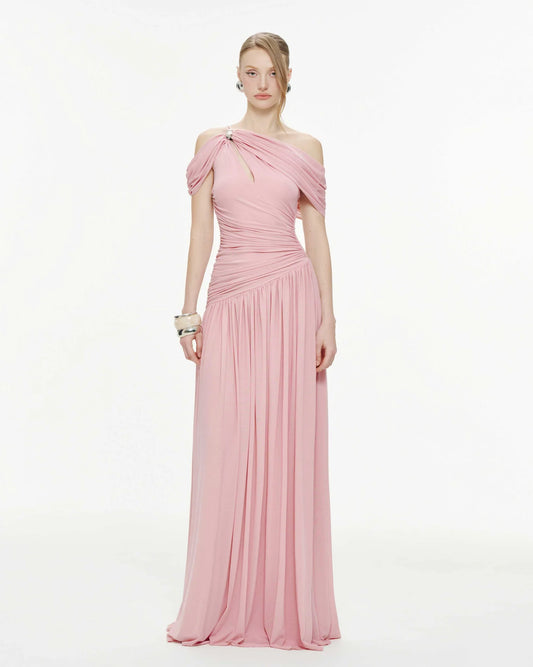 MOLLYNISTA Draped Off-Shoulder Stretch Mesh Dress (pink)