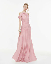 MOLLYNISTA Draped Off-Shoulder Stretch Mesh Dress (pink)