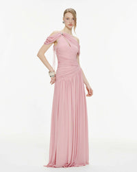 MOLLYNISTA Draped Off-Shoulder Stretch Mesh Dress (pink)