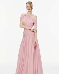 MOLLYNISTA Draped Off-Shoulder Stretch Mesh Dress (pink)
