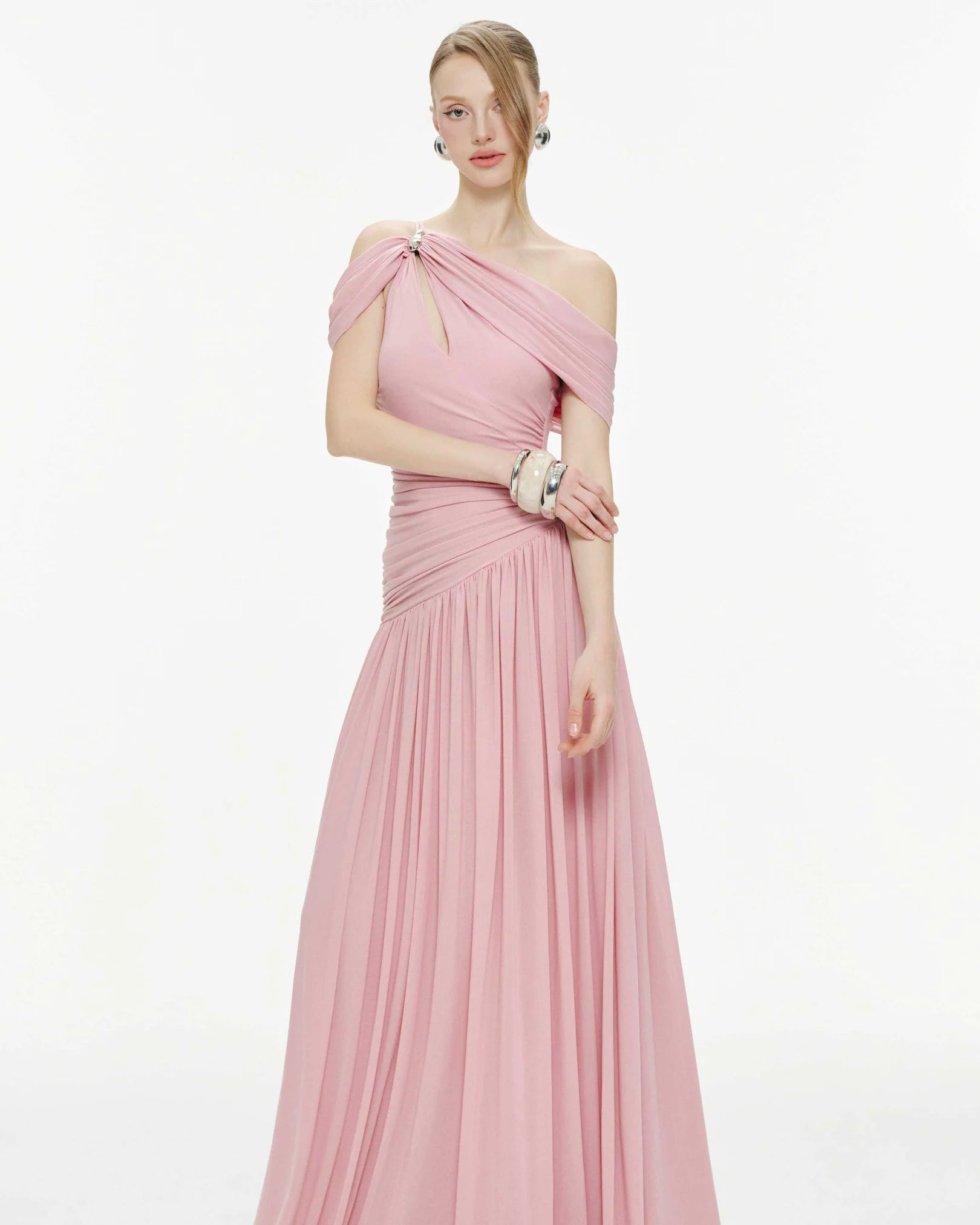 MOLLYNISTA Draped Off-Shoulder Stretch Mesh Dress (pink)