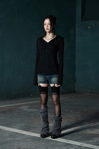 NOTKNOWING Button Up Shirring Hoodie (BLACK)