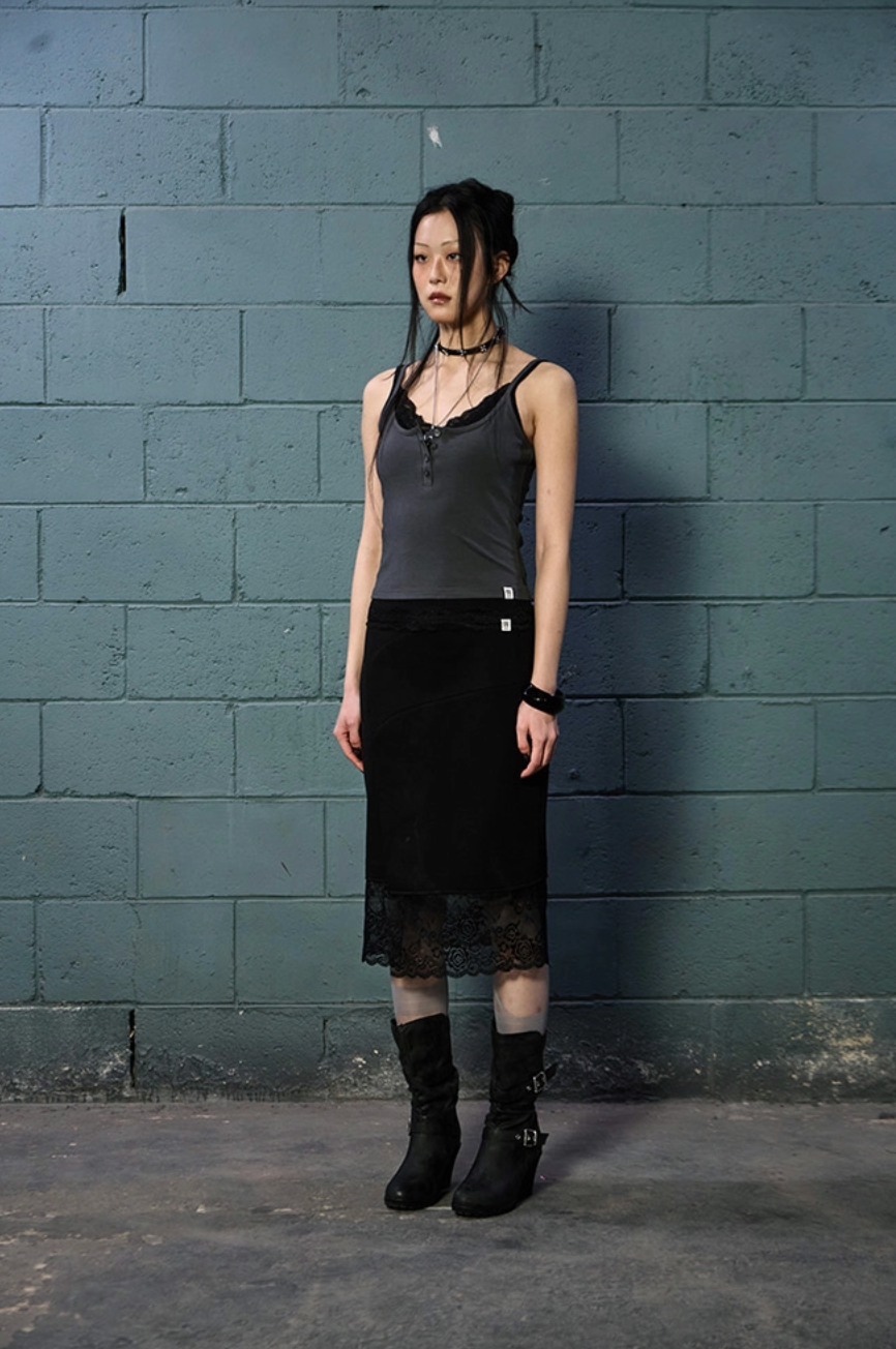 NOTKNOWING Lace Layered Cami Set (CHARCOAL)