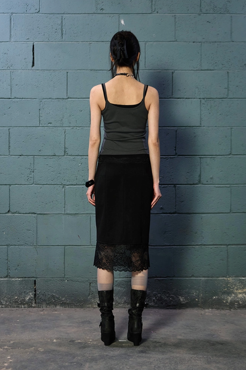 NOTKNOWING Lace Layered Cami Set (CHARCOAL)