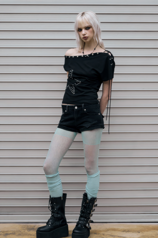 NOTKNOWING One Shoulder Lace Up Top (BLACK)