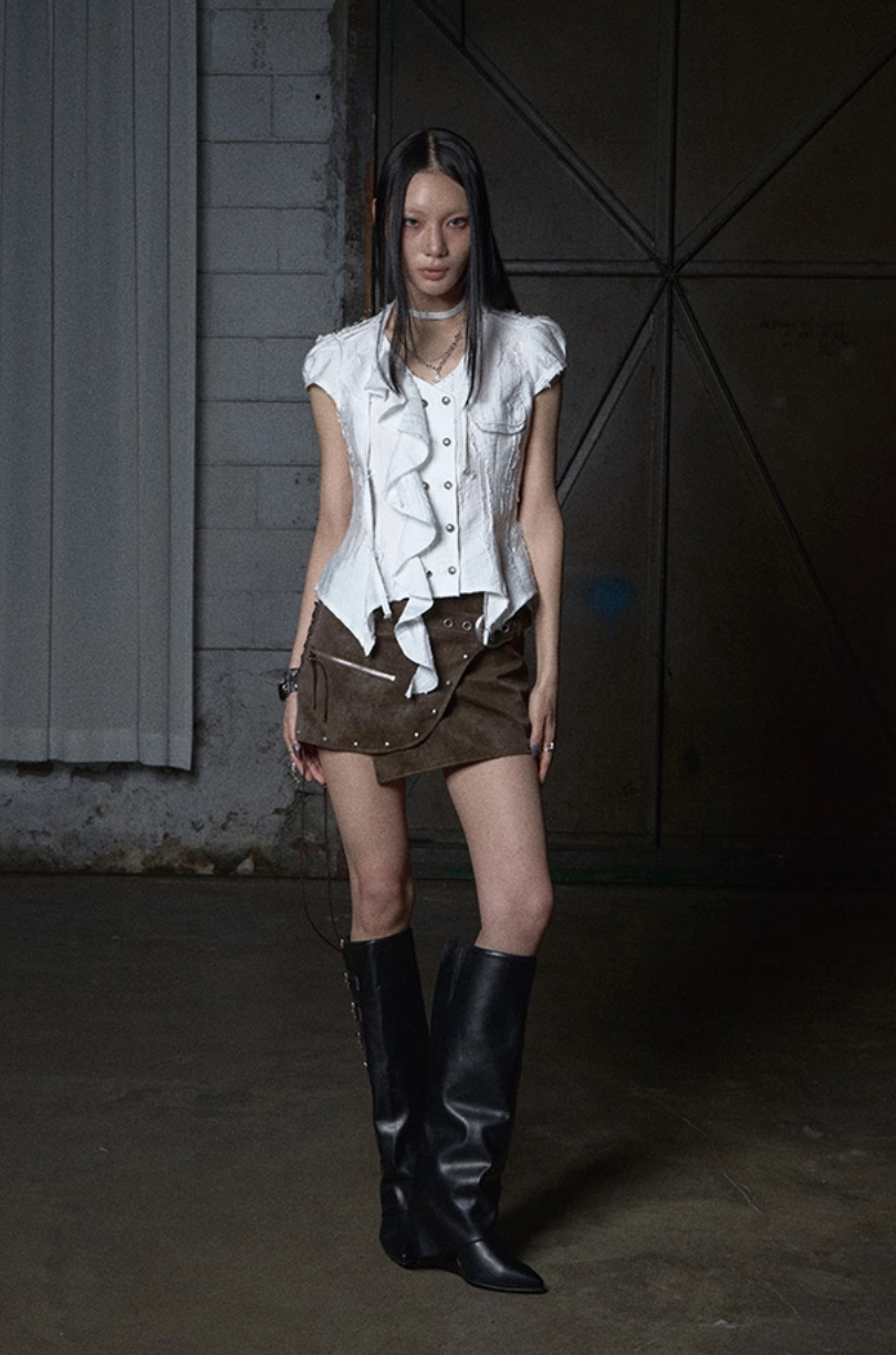 NOTKNOWING Stud Lace-Up Wrap Skirt (BROWN)