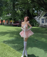 LANE CI粉色少女感立体蝴蝶抹胸甜美蓬蓬裙