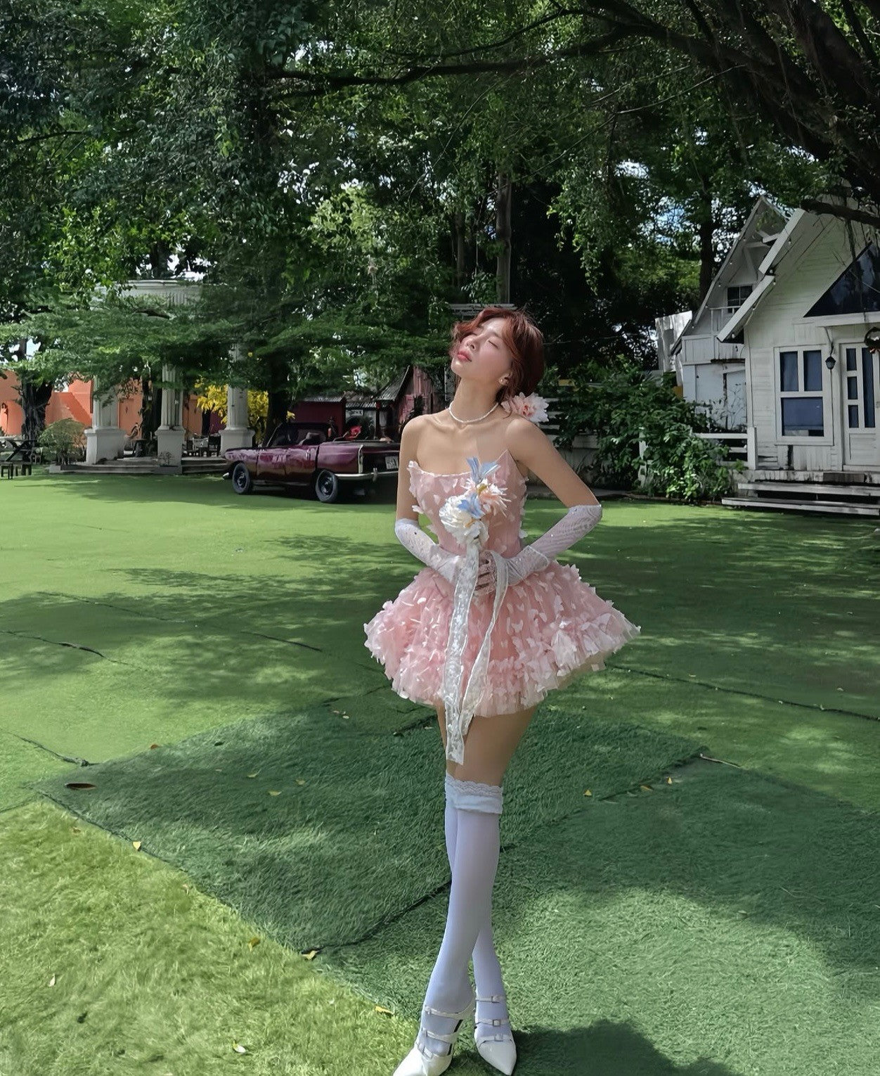 LANE CI粉色少女感立体蝴蝶抹胸甜美蓬蓬裙