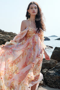 Sheer Luck Guggi Vacation Print Layered Halter Cami Dress