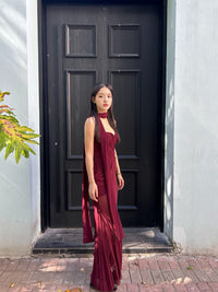 Sheer Luck Kira网纱飘带修身褶皱鱼尾长连衣裙（安克拉红）