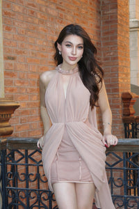 Sheer Luck Amara挂脖披肩鱼骨裙复古飘逸连衣裙（杏棕）