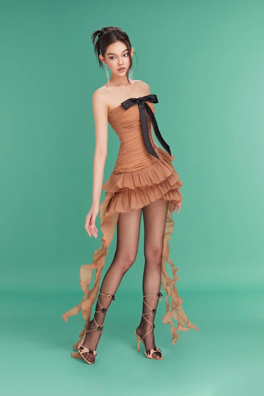 LANE CI Camella 飘带荷叶边抹胸裙