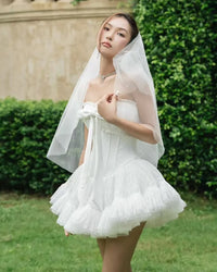 LANE CI Bella: Strapless Fit-and-Flare Dress with Bowknot & Boning (White)