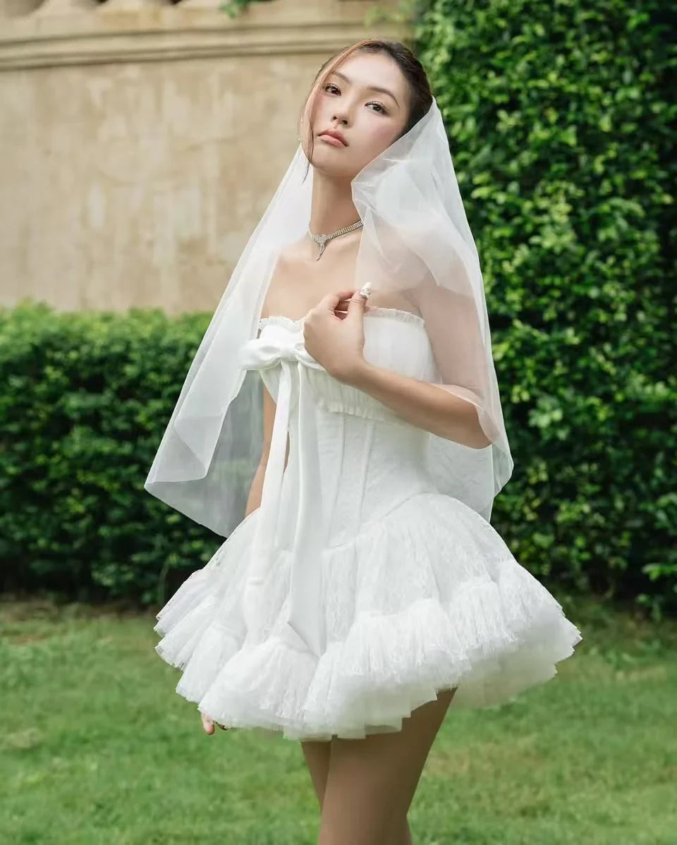 LANE CI Bella: Strapless Fit-and-Flare Dress with Bowknot & Boning (White)