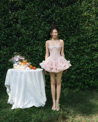 LANE CI Bloom: Floral Strapless Fit-and-Flare Dress with Boning (Pink)