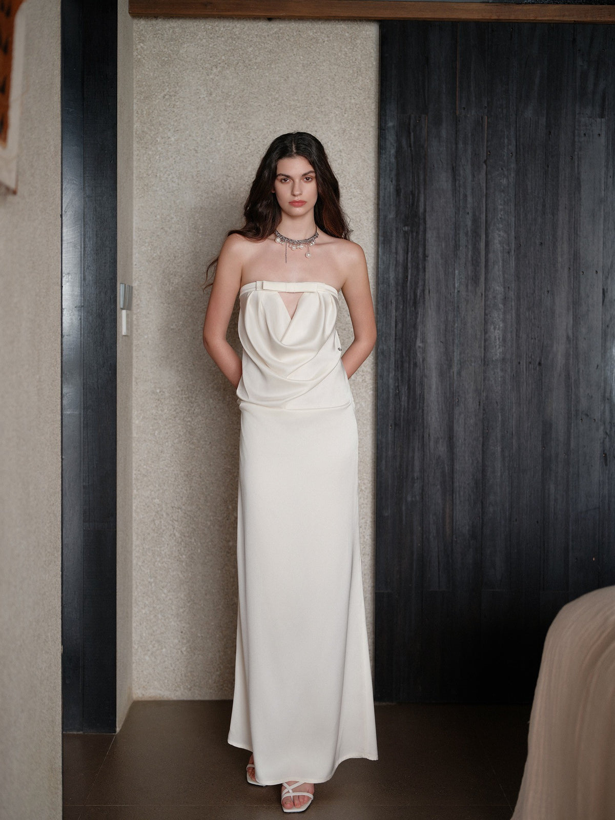 Sheer Luck Aurelia Minimal Bow Open-Back Strapless Dress (White)