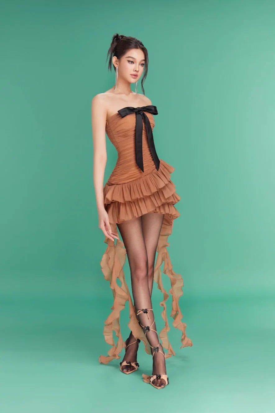 LANE CI Camella 飘带荷叶边抹胸裙