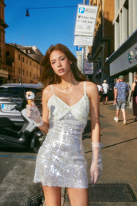 MIN PURA 贝母拼接亮片吊带连衣裙